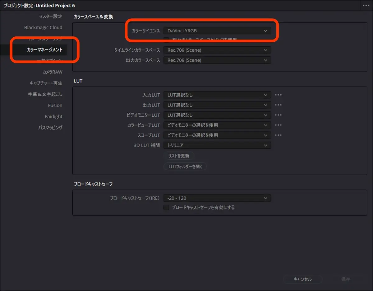 Color science：DaVinci YRGB または DaVinci YRGB Color Managed