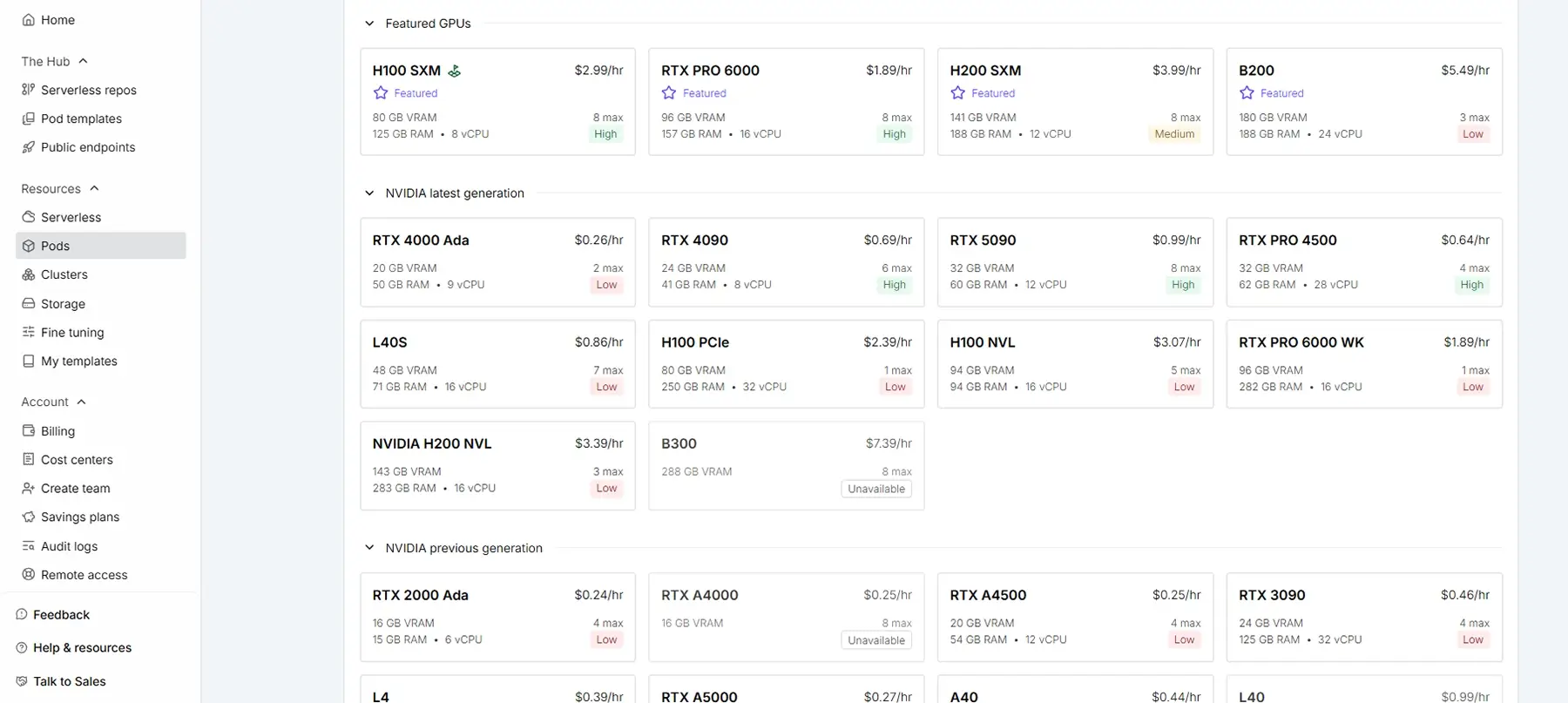 2026年5月時点のRunpodのGPU価格