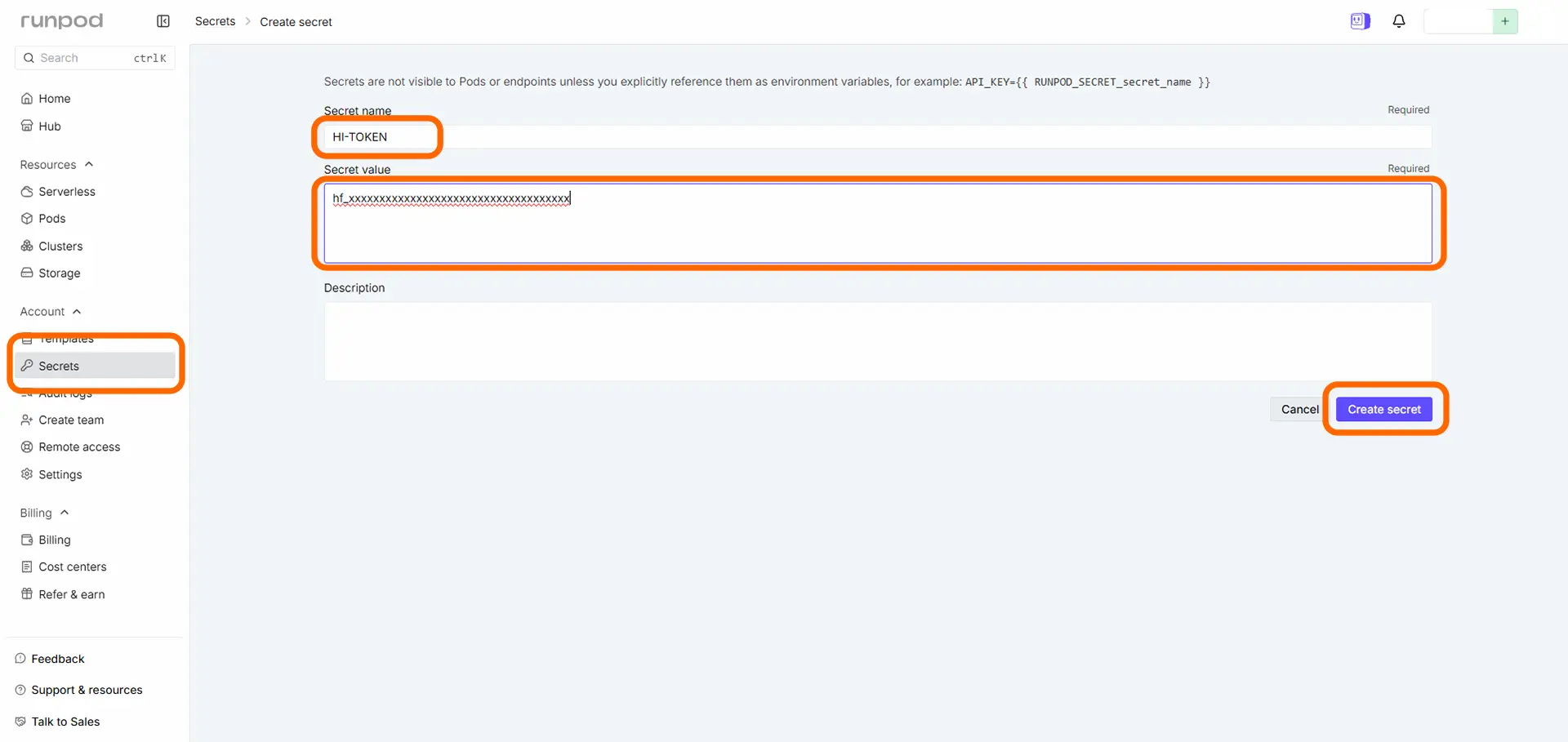 RunpodでのHiggingFacceトークンの追加