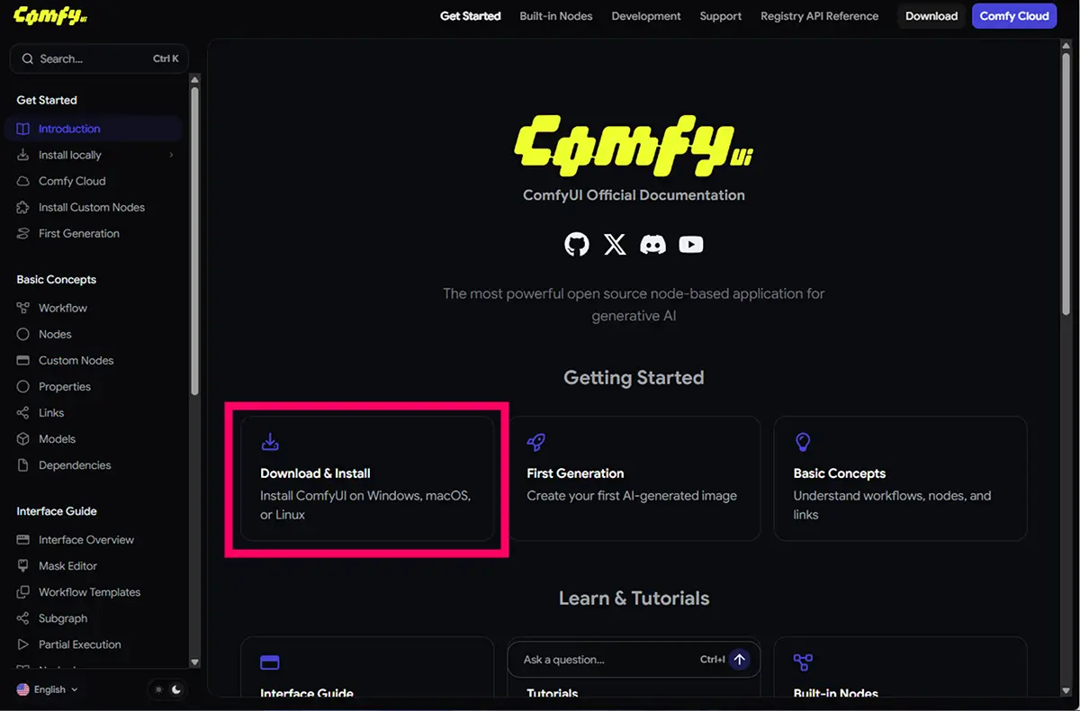 ComfyUIの公式ページからのダウンロード