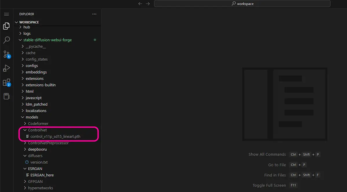 WorkspaceのControlnetフォルダ