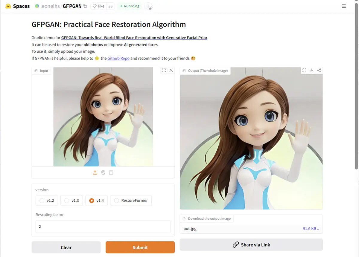 HuggingFaceSpaces GFPGANへ画像をアップロード