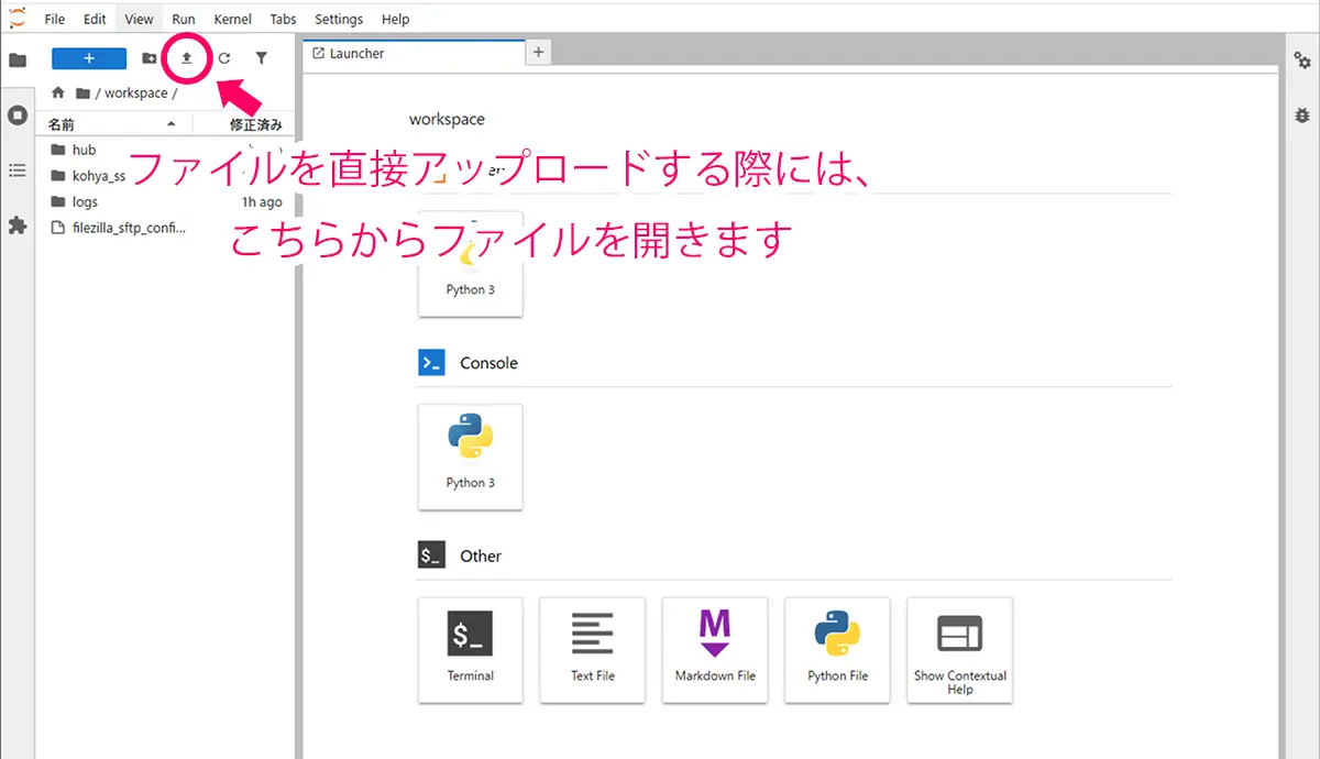 jupyter labのファイルアップロード