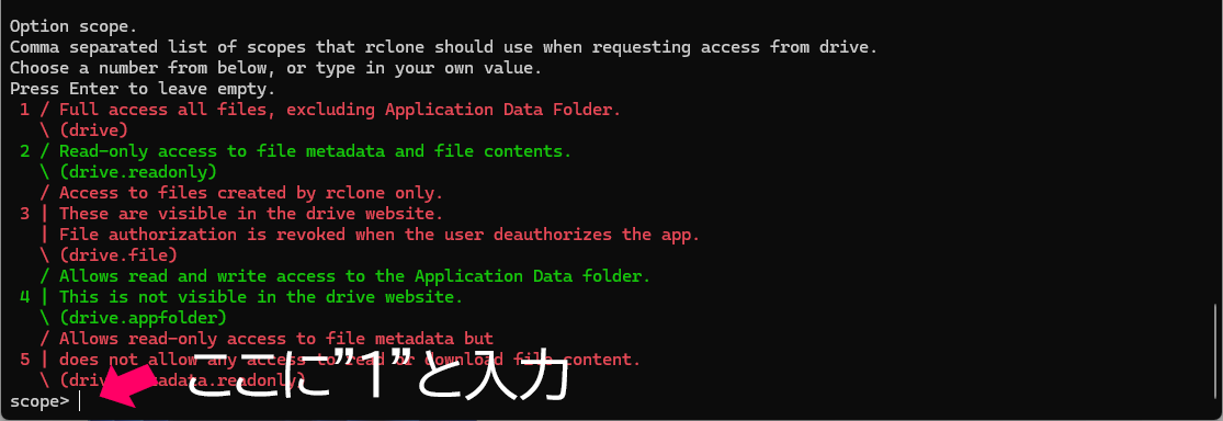 rclone設定　scope
