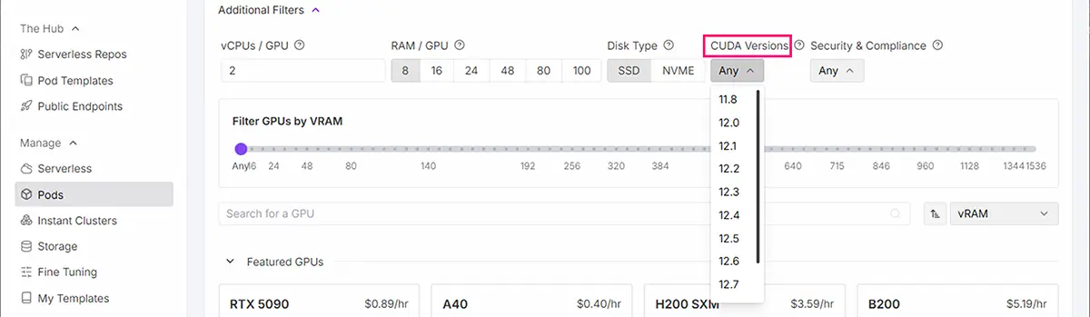 CUDA選択ドロップダウンメニュー